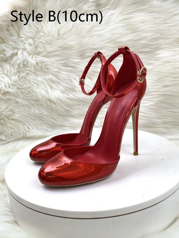Sexy Burgundy Evening Party Patent Leather Womens Shoes 2024 Ankle Strap 12 cm Stiletto Heels Round Toe High Heels