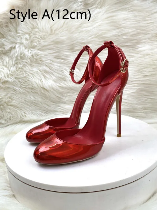 Sexy Burgundy Evening Party Patent Leather Womens Shoes 2024 Ankle Strap 12 cm Stiletto Heels Round Toe High Heels