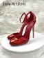 Sexy Burgundy Evening Party Patent Leather Womens Shoes 2024 Ankle Strap 12 cm Stiletto Heels Round Toe High Heels