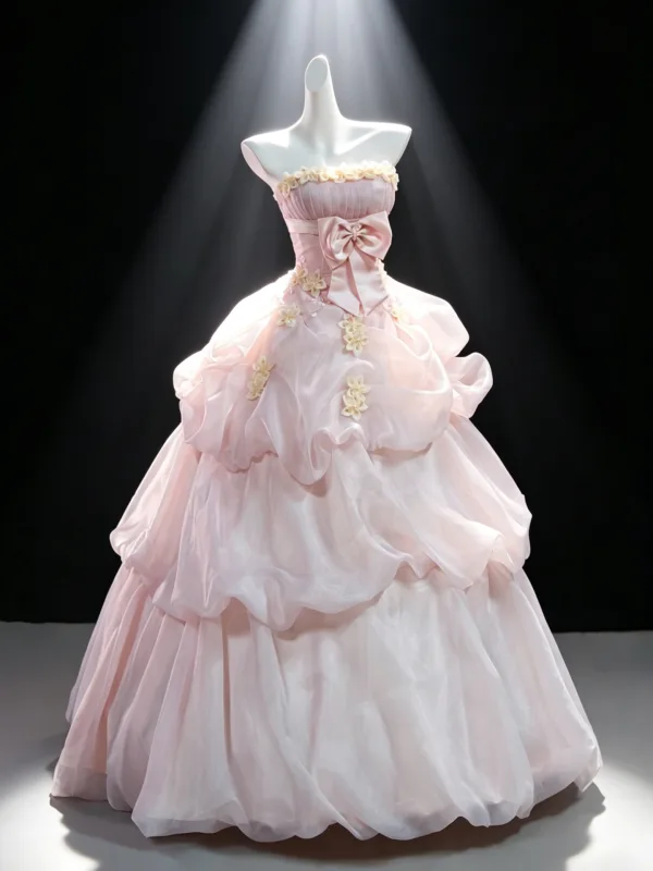 Blomsterfe Lyserød Sløjfe Applikationsbroderi Cascading Flæser Gallakjoler 2026 Chiffon Balkjole Off-The-Shoulder Ærmeløs Halterneck