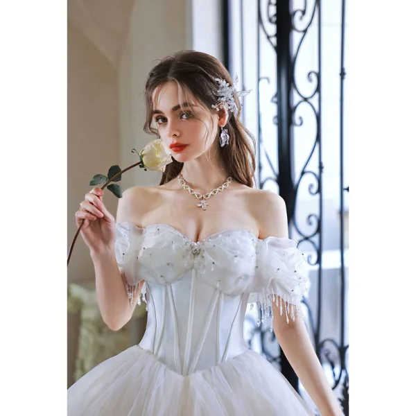 Charming Pearl White Rhinestone Wedding Dresses Prom Dresses 2022 Organza Ball Gown Off-The-Shoulder Short Sleeve Backless Floor-Length / Long Wedding