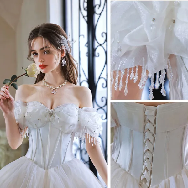 Charming Pearl White Rhinestone Wedding Dresses Prom Dresses 2022 Organza Ball Gown Off-The-Shoulder Short Sleeve Backless Floor-Length / Long Wedding