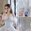 Charming Pearl White Rhinestone Wedding Dresses Prom Dresses 2022 Organza Ball Gown Off-The-Shoulder Short Sleeve Backless Floor-Length / Long Wedding