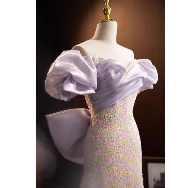 Mode Lavande Paillettes Robe De Soirée 2023 Trompette / Sirène De l'épaule Manches Courtes Dos Nu Noeud Train De Balayage Promo Robe De Ceremonie