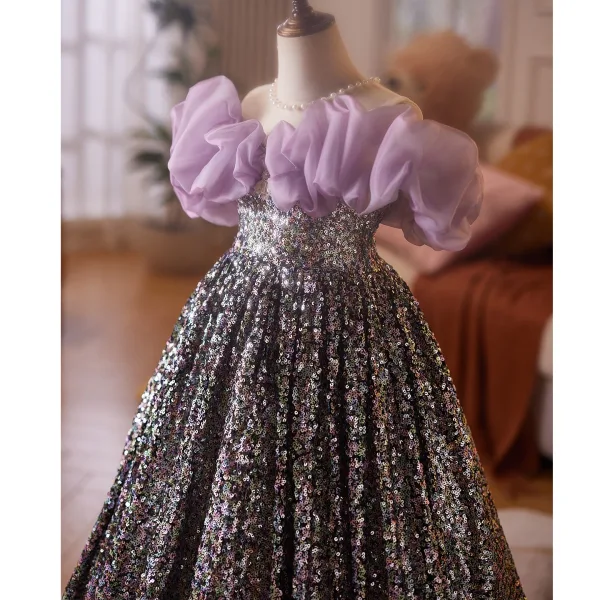 Sparkly Multi-Colors Sequins Lavender Birthday Flower Girl Dresses 2025 Ball Gown Ruffle Off-The-Shoulder Short Sleeve Backless Floor-Length / Long