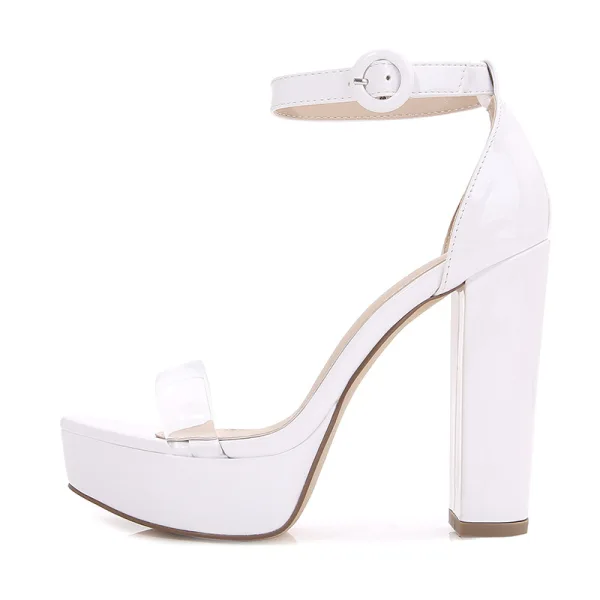 Sexy Blanche Été Soirée Sandales Femme 2022 12 cm Talons Épais Bride Cheville Peep Toes / Bout Ouvert Sandales Talons Hauts