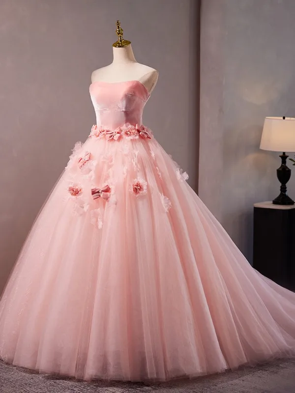 Chic / Belle Rougissant Rose Noeud Appliques Robe De Bal 2024 Robe Boule Bustier Sans Manches Dos Nu Train De Balayage Promo Robe De Ceremonie