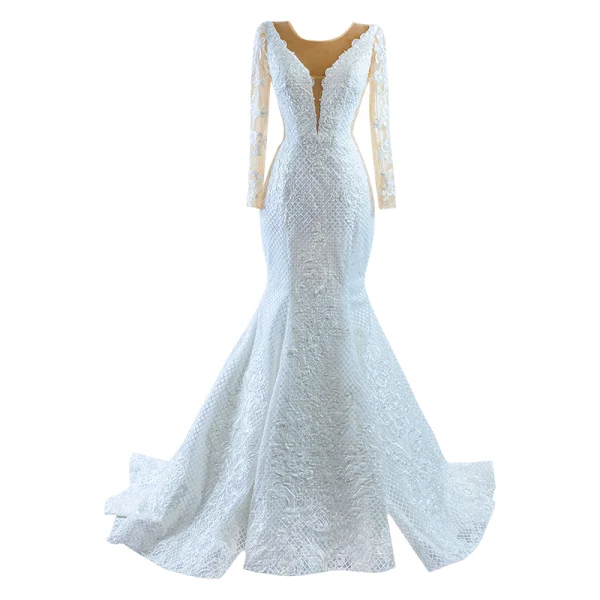 High-end White Beading Sequins Lace Flower Wedding Dresses 2023 Trumpet / Mermaid Scoop Neck Long Sleeve Sweep Train Wedding