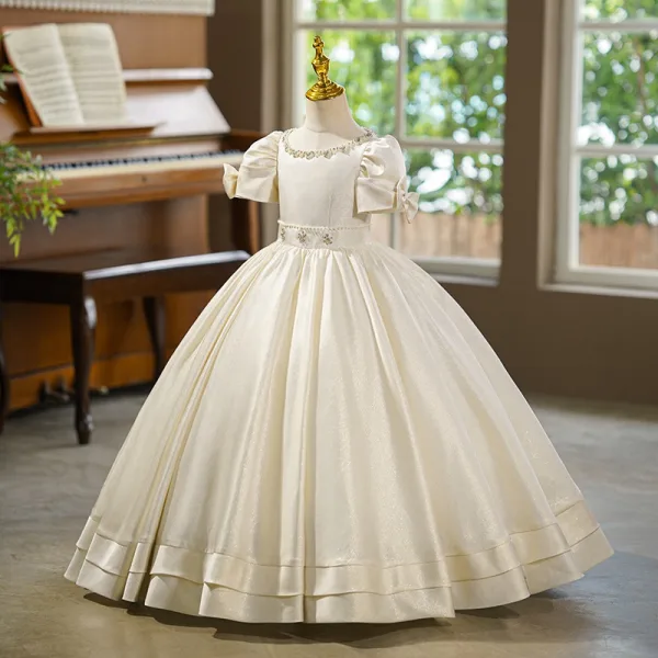Elegant Ivory Pearl Rhinestone Birthday Flower Girl Dresses 2025 Ball Gown Scoop Neck Puffy Short Sleeve Floor-Length / Long