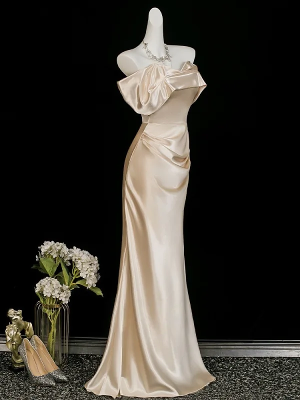 Charming Champagne Evening Dresses 2026 Trumpet / Mermaid Off-The-Shoulder Short Sleeve Backless Floor-Length / Long Formal Dresses
