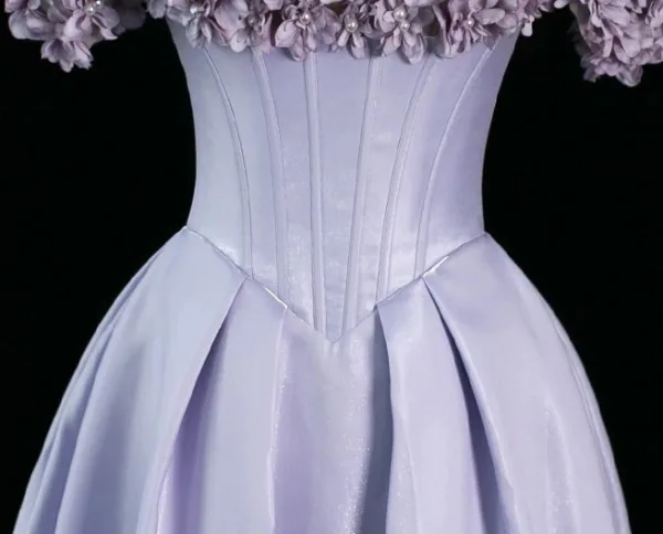 Chic / Beautiful Lavender Pearl Appliques Satin Prom Dresses 2024 A-Line / Princess Off-The-Shoulder Sleeveless Backless Floor-Length / Long Prom Formal Dresses