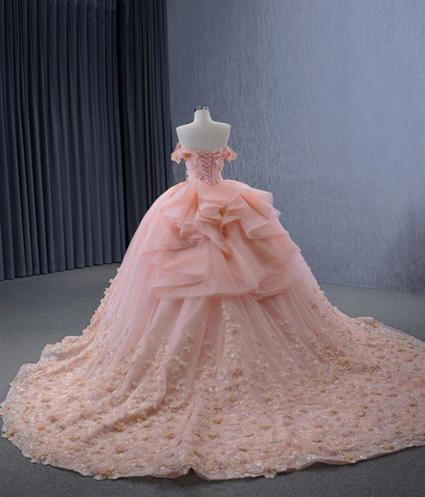 Luxury / Gorgeous Blushing Pink Handmade  Beading Rhinestone Appliques Wedding Dresses 2024 Ball Gown Off-The-Shoulder Short Sleeve Backless Court Train Wedding
