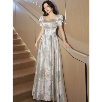 Chic Belle Argenté Gris Impression Robe De Soirée 2023 Princesse Encolure Carrée Paillettes Manches Courtes Longue Promo Robe De Ceremonie