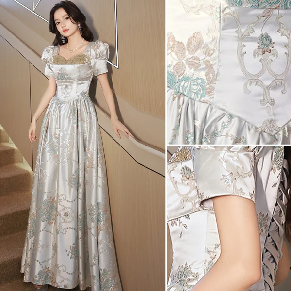 Chic / Belle Argenté Gris Impression Robe De Soirée 2023 Princesse Encolure Carrée Paillettes Manches Courtes Longue Promo Robe De Ceremonie