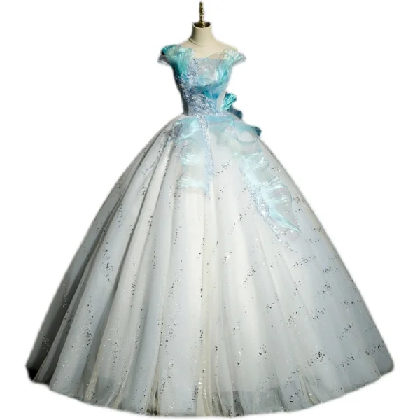 Fashion Sky Blue Beading Sequins Prom Dresses 2022 Ball Gown Ruffle Off-The-Shoulder Sleeveless Backless Floor-Length / Long Prom Formal Dresses