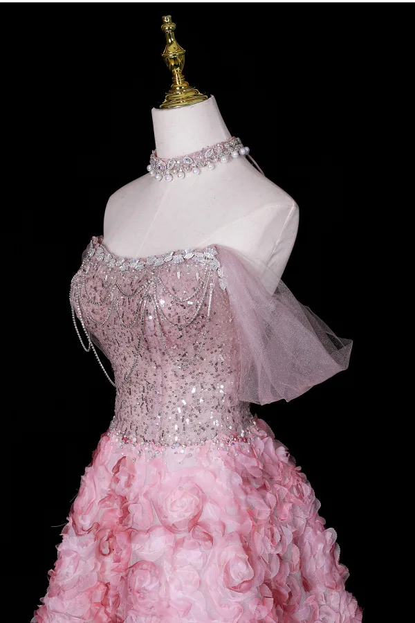 Flower Fairy Blushing Pink Beading Sequins Pearl Rhinestone Appliques Prom Dresses 2026 A-Line / Princess Off-The-Shoulder Short Sleeve Backless Floor-Length / Long Formal Dresses