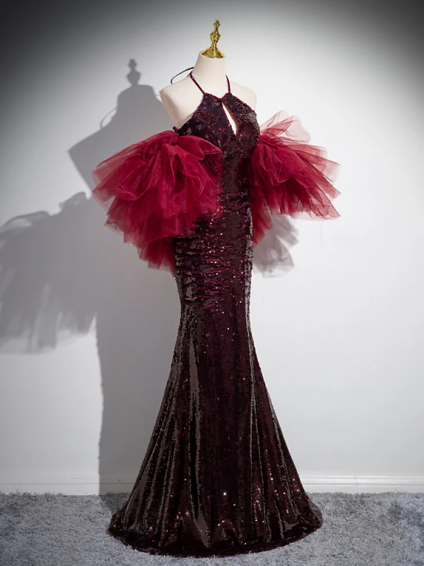 Charmant Bordeaux Paillettes Robe De Bal 2024 Trompette / Sirène Titulaire Dos Nu Noeud Manches Courtes Longue Promo Robe De Ceremonie