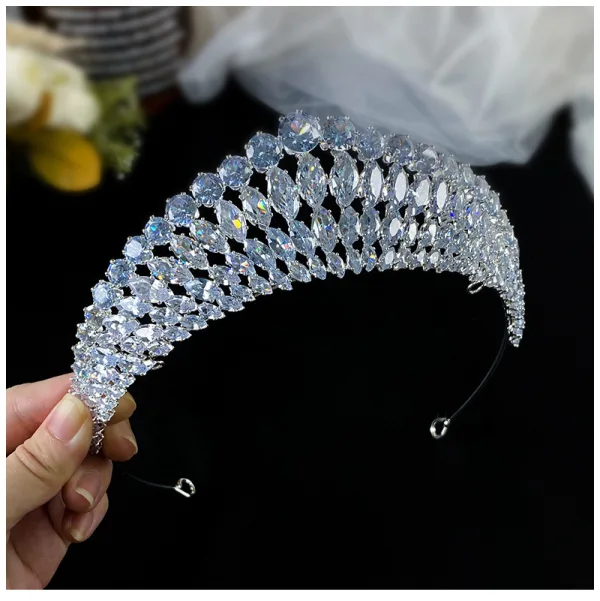 Błyszczące Srebrny Rhinestone Cyrkon Stop Ślub Tiara Ozdoby Do Włosów Ślubne 2022