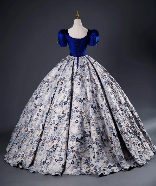 Elegant Royal Blue Printing Prom Dresses 2023 Ball Gown Satin Square Neckline Short Sleeve Backless Bow Sash Floor-Length / Long Prom Formal Dresses