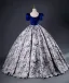 Elegant Royal Blue Printing Prom Dresses 2023 Ball Gown Satin Square Neckline Short Sleeve Backless Bow Sash Floor-Length / Long Prom Formal Dresses