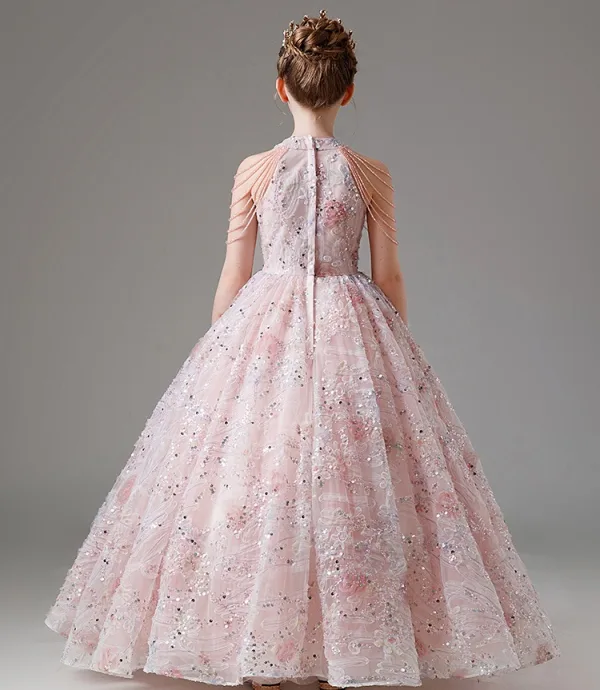 Charming Blushing Pink Beading Tassel Sequins Lace Flower Floor-Length / Long Birthday Flower Girl Dresses 2024 Ball Gown Scoop Neck Sleeveless Tulle