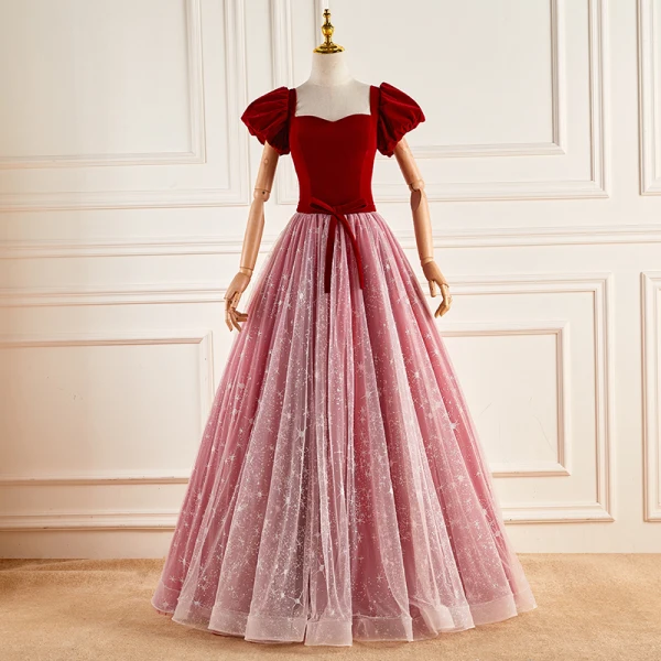 Schöne Rot Ballkleider 2023 Off Shoulder Ballkleid Kurze Ärmel Rückenfreies Schleife Stoffgürtel Lange Ball Festliche Kleider