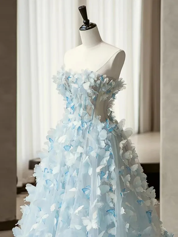 Chic / Belle Bleu Ciel Appliques Bustier Robe De Bal 2024 Princesse Sans Manches Dos Nu Train De Balayage Promo Robe De Ceremonie