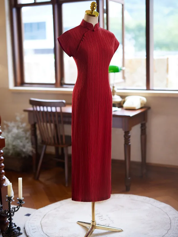 Vintage Chiński Styl Czerwone Lato Długość Herbaty Cheongsam 2024 Syrena / Rozkloszowane Wysokiej Szyi Kótkie Rękawy