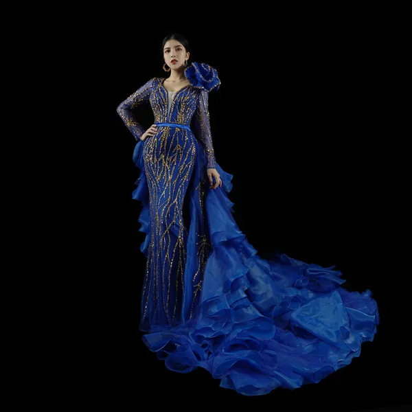 High-end Royal Blue Handmade  Beading Sequins Cascading Ruffles Evening Dresses 2023 Trumpet / Mermaid V-Neck Long Sleeve Sash Sweep Train Evening Party Formal Dresses