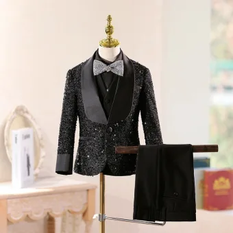 Sparkly Black Birthday 5 Piece Long Sleeve Sequins Boys Wedding Suits 2026 Coat Pants Shirt Tie Vest