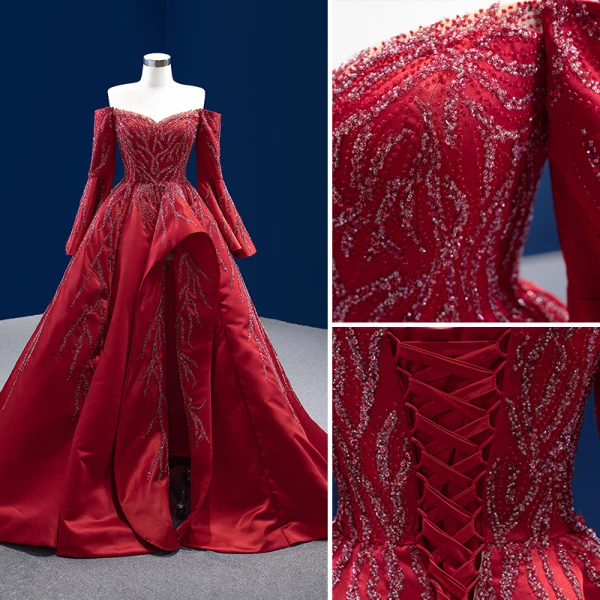 High End Burgunderrot Handgefertigt Perlenstickerei Pailletten Ballkleider 2022 Satin Ballkleid Off Shoulder Lange Ärmel Rückenfreies Sweep / Pinsel Zug Ball Festliche Kleider