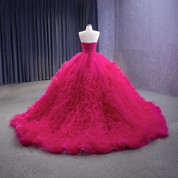 High-end Fuchsia Beading Pearl Sequins Cascading Ruffles Prom Dresses 2023 Ball Gown Strapless Corset Sleeveless Backless Chapel Train Prom Formal Dresses