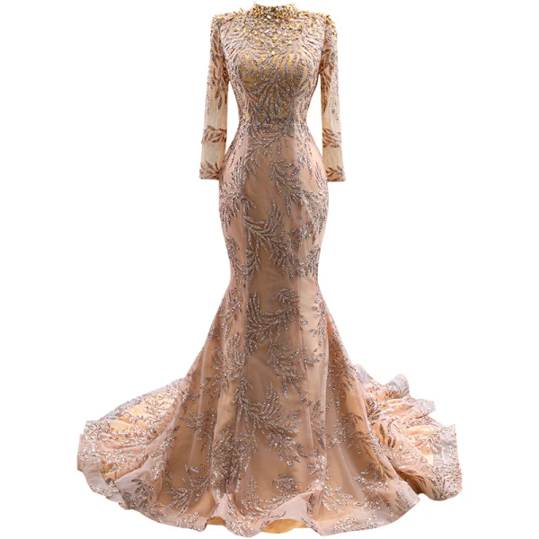 Sparkly Champagne Beading Pearl Sequins Evening Dresses 2022 Trumpet / Mermaid High Neck Long Sleeve Court Train Evening Party Formal Dresses