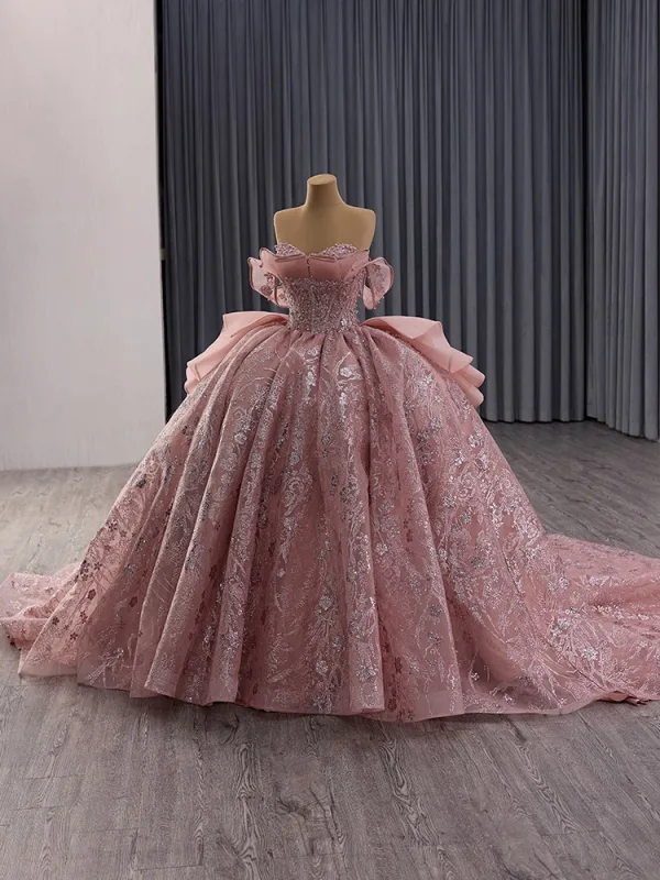 Luxus / Herrlich Rosa Handgefertigt Perlenstickerei Pailletten Perle Ballkleider 2025 Ballkleid Bandeau Ärmellos Rückenfreies Königliche Schleppe Festliche Kleider