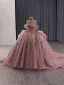 Luxus / Herrlich Rosa Handgefertigt Perlenstickerei Pailletten Perle Ballkleider 2025 Ballkleid Bandeau Ärmellos Rückenfreies Königliche Schleppe Festliche Kleider