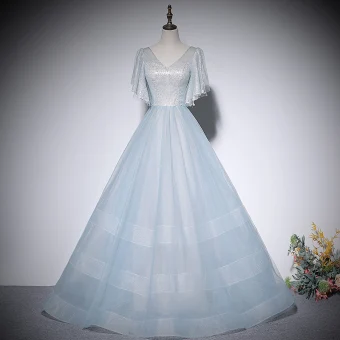 Mode Bleu Ciel Paillettes Robe De Bal 2022 Princesse V Cou Manches Courtes Dos Nu Longue Promo Robe De Ceremonie