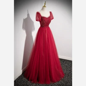 Chic Belle Bordeaux Perlage Paillettes Robe De Bal 2022 Princesse Encolure Dégagée Manches Courtes Dos Nu Longue Promo Robe De Ceremonie