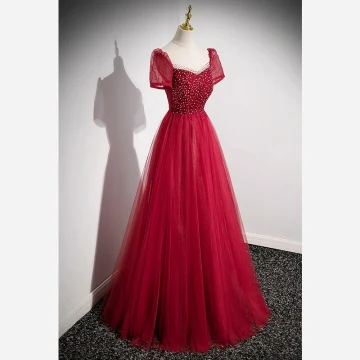 Chic Belle Bordeaux Perlage Paillettes Robe De Bal 2022 Princesse Encolure Dégagée Manches Courtes Dos Nu Longue Promo Robe De Ceremonie