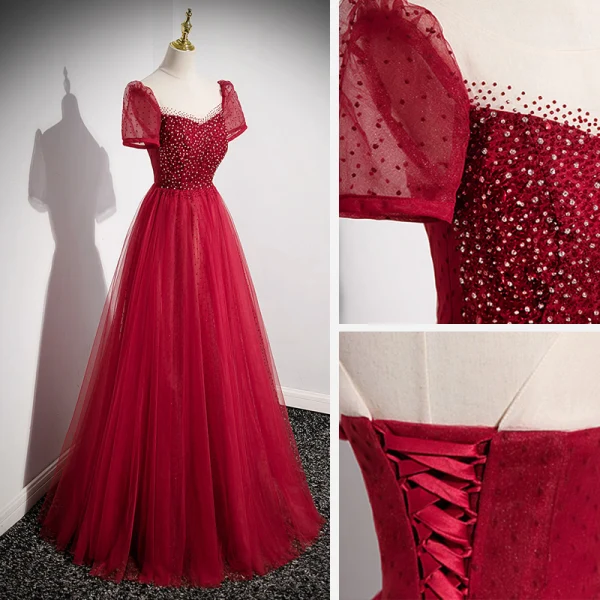 Chic / Belle Bordeaux Perlage Paillettes Robe De Bal 2022 Princesse Encolure Dégagée Manches Courtes Dos Nu Longue Promo Robe De Ceremonie
