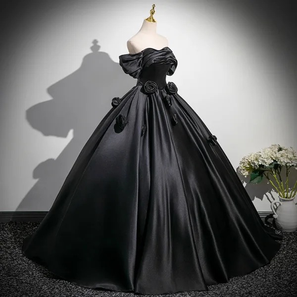 Elegant Black Appliques Satin Prom Dresses 2025 Ball Gown Off-The-Shoulder Short Sleeve Backless Floor-Length / Long Prom Formal Dresses
