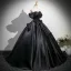 Elegant Black Appliques Satin Prom Dresses 2025 Ball Gown Off-The-Shoulder Short Sleeve Backless Floor-Length / Long Prom Formal Dresses