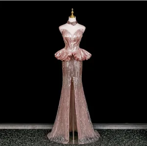 Sexy Rødmende Rosa Rhinestone Paljetter Asymmetrisk Selskapskjoler 2025 Trompet Havfrue Kjæreste Uten Ermer Ryggløse Feie Tog Formelle Kjoler