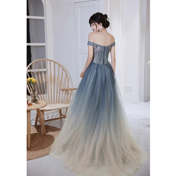 Chic / Beautiful Multi-Colors Ocean Blue Prom Dresses 2022 A-Line / Princess Off-The-Shoulder Beading Sequins Sleeveless Backless Floor-Length / Long Prom Formal Dresses