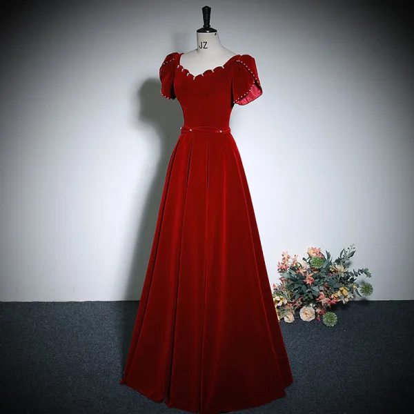 Elegant Burgundy Velvet Prom Dresses 2023 A-Line / Princess Square Neckline Short Sleeve Backless Floor-Length / Long Prom Formal Dresses