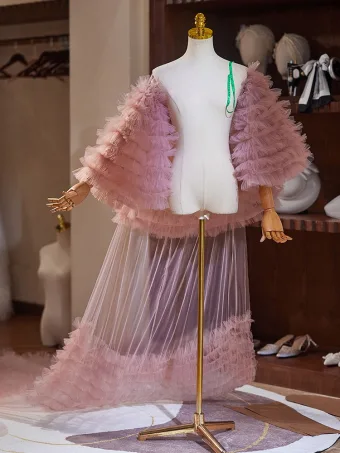 Chic Beautiful Blushing Pink Cascading Ruffles Prom Shawl Jackets Wraps 2024 Tulle