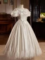 Vintage / Retro Ivory Satin Lace Wedding Dresses 2024 Ball Gown Scoop Neck Bow Puffy Short Sleeve Backless Floor-Length / Long Wedding