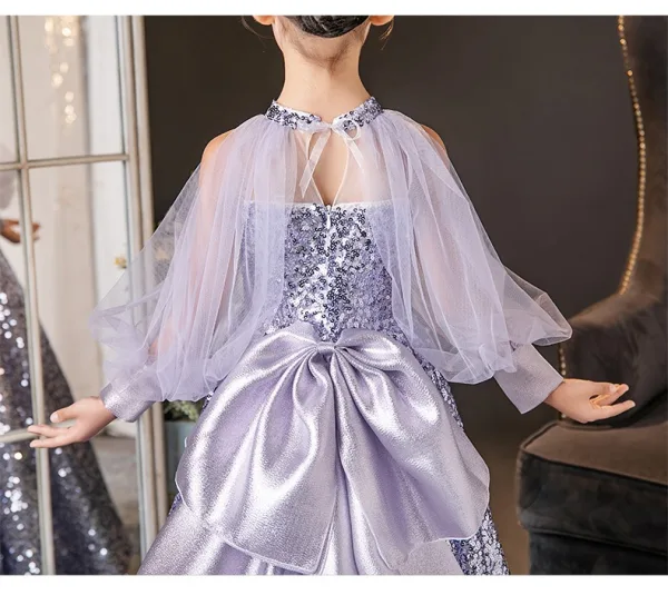 Sparkly Lavender Bow Sequins Birthday Flower Girl Dresses 2025 Ball Gown High Neck Long Sleeve Sweep Train