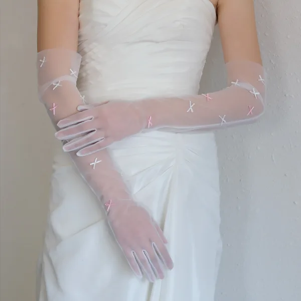 Elegant White Bow Wedding Bridal Gloves 2025 Tulle
