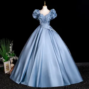 Élégant Bleu Ciel Perlage Paillettes Volants Robe De Bal 2026 Robe Boule Encolure Dégagée Manches Courtes Dos Nu Longue Robe De Ceremonie