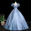 Elegant Sky Blue Beading Sequins Ruffle Prom Dresses 2026 Ball Gown Scoop Neck Short Sleeve Backless Floor-Length / Long Formal Dresses